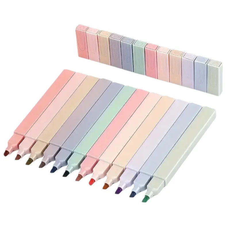 Highlighter Set Pastel - ปากกาไฮไลท์เรืองแสง 12 สี ทรงเหลี่ยม หัวตัด ปากกาไฮไลท์สีอ่อน